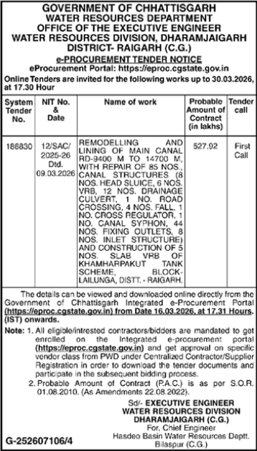 E-Tender Notice - Chhattisgarh Water Resources Department